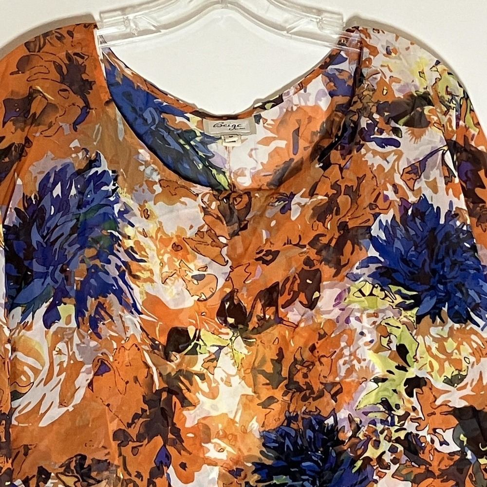 Beige by eci Blouse Womens Medium Orange Multi Floral Sheer Poncho Top 2 Piece M - Picture 2 of 16